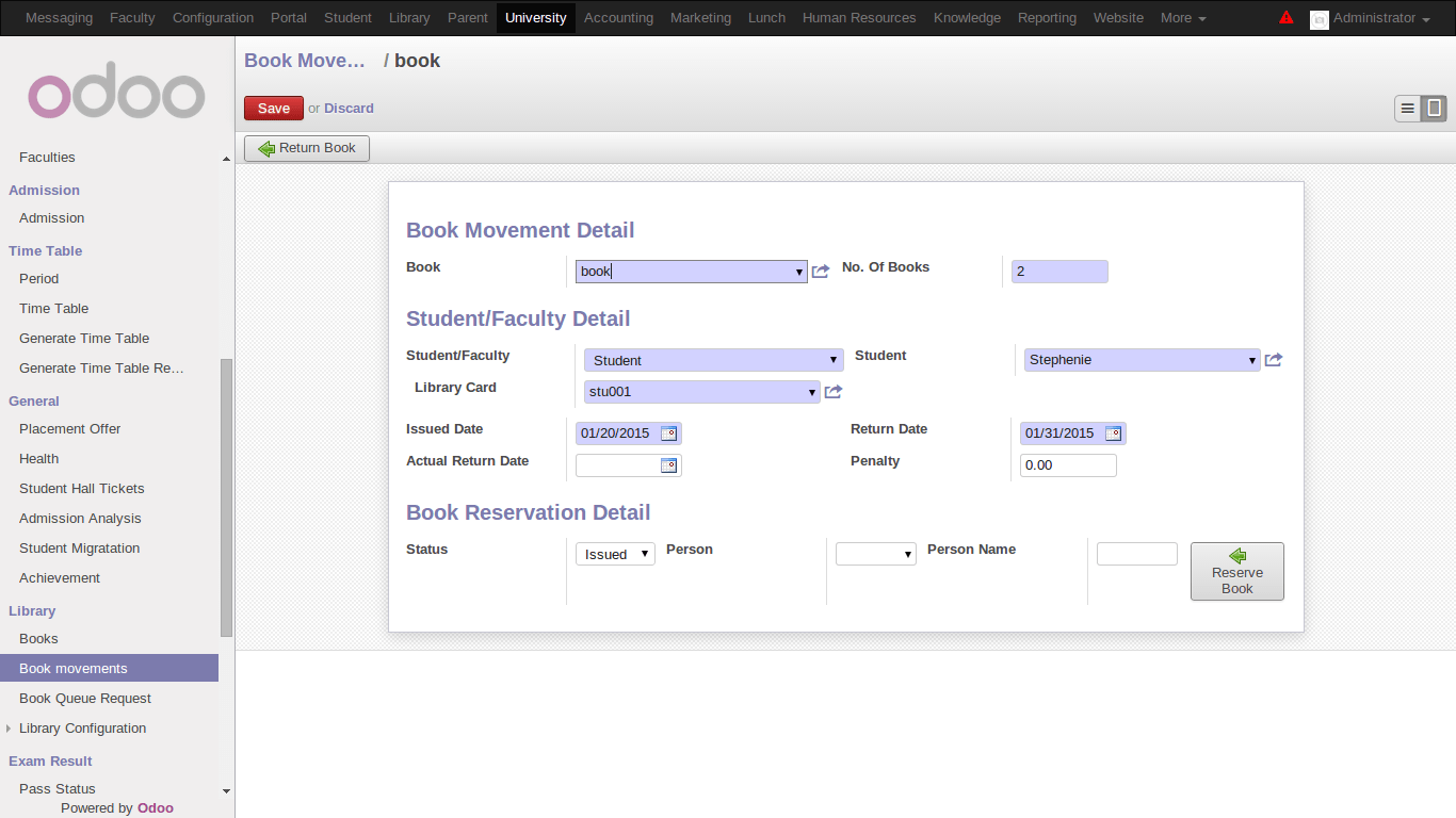 screenshot of library management in odoo university management software